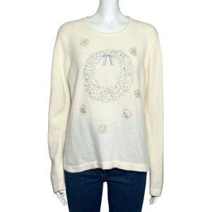 Vintage Y2K Christmas Beaded Cream Lambswool Angora Sweater Wreath Wool Medium